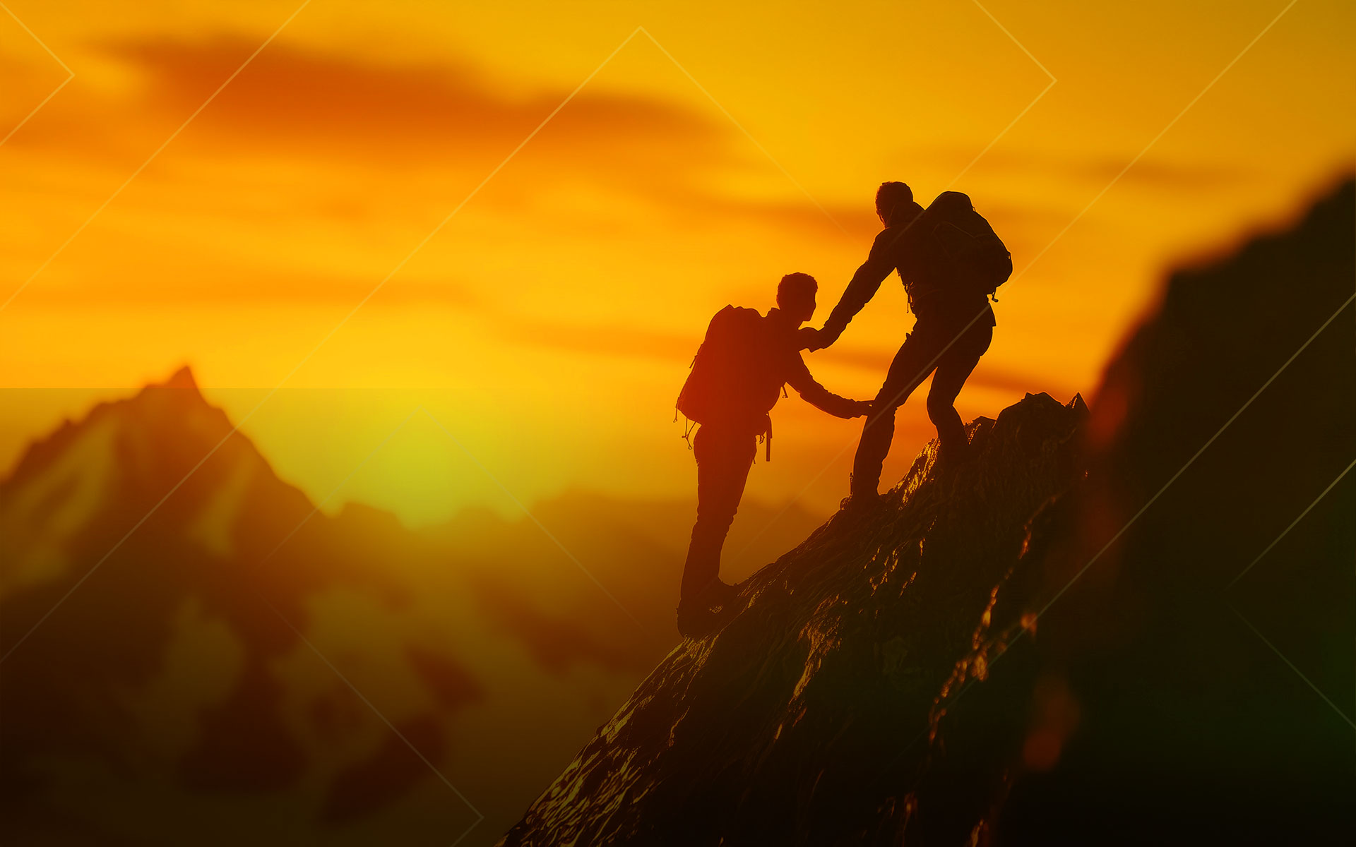Man helps hiker up a mountain - representing easing the transition to change
